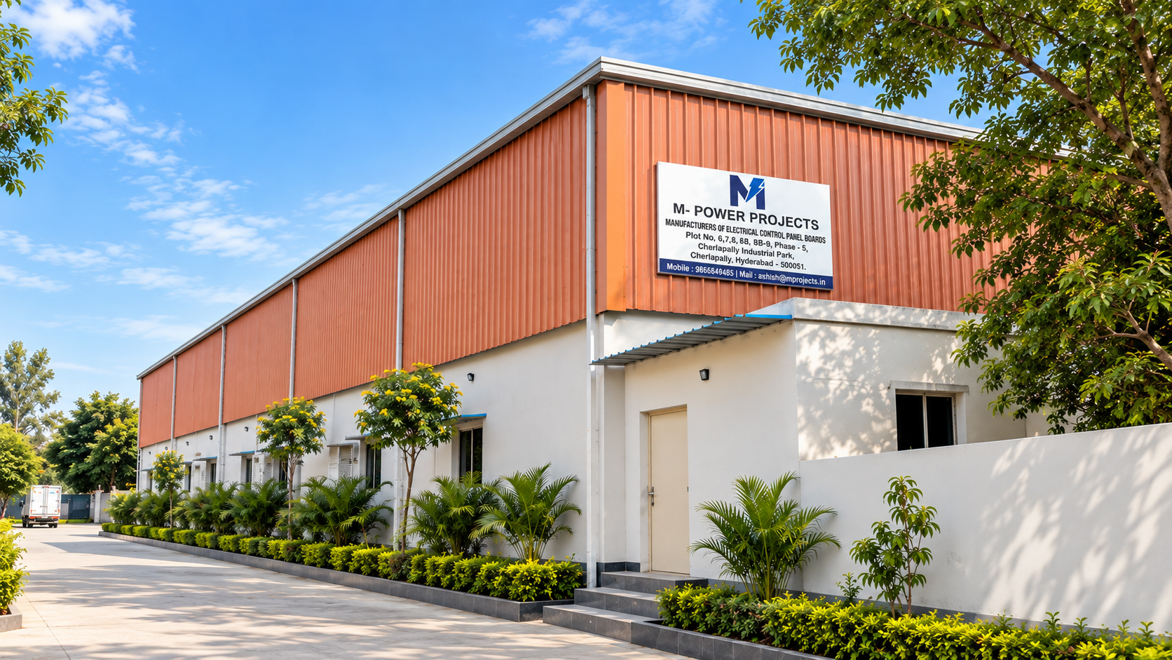 M-Power Projects facility exterior and signboard at Navodaya Industrial Park, Cherlapally